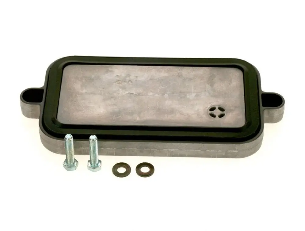 Bosch-Abdeckung aus Metall mit einer Gummidichtung, zwei Schrauben und Unterlegscheiben. Die Abdeckung hat eine rechteckige Form und eine seitliche Aussparung.